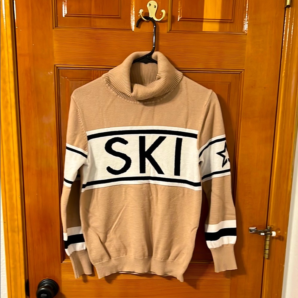 Tan Turtleneck Sweater with 'SKI' Design
